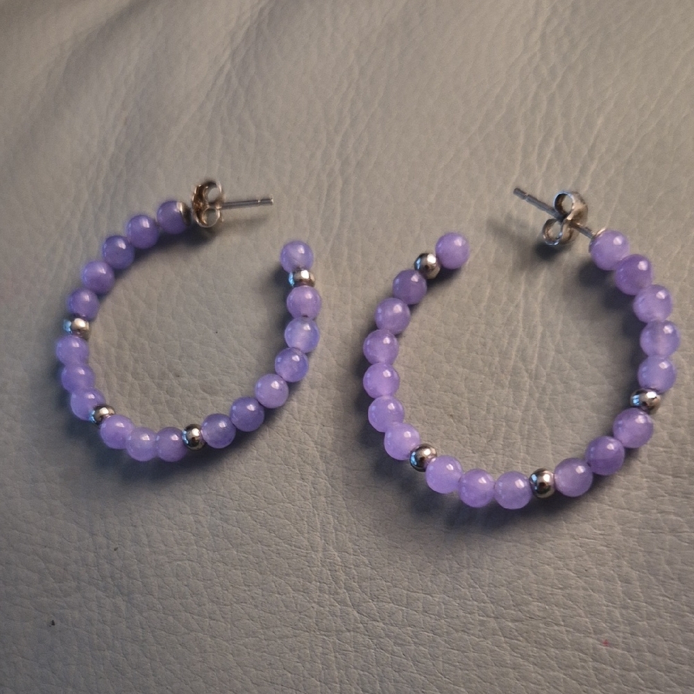 Lavender Jade And Sterling  Beaded Hoop Earrings